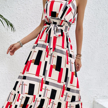 Ruffled Printed Tie Waist Midi Dress