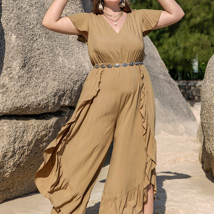 Plus Size Slit Ruffled V-Neck Jumpsuit