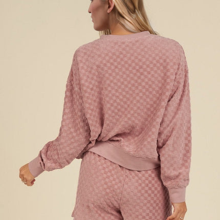 OH Checkered Round Neck Long Sleeve Top and Shorts Set