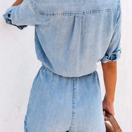 Drawstring Half Button Half Sleeve Denim Romper