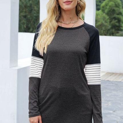 Contrast Striped Round Neck Long Sleeve T-Shirt