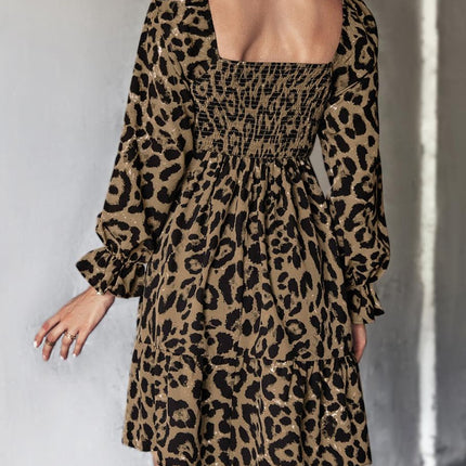 Leopard Smocked Flounce Sleeve Mini Dress