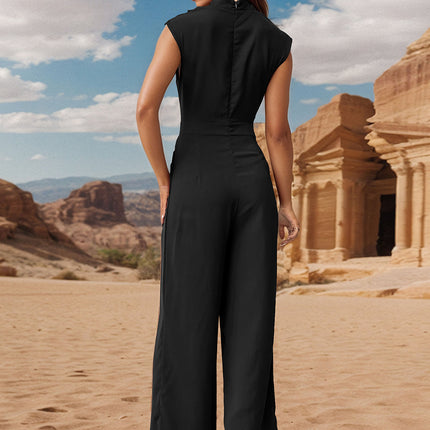 Ruched Mock Neck Sleeveless Jumpsuit