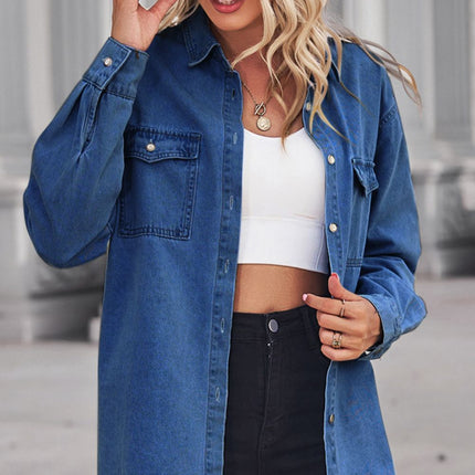 Collared Neck Dropped Shoulder Denim Top