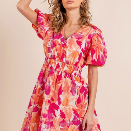 BiBi Floral V-Neck Puff Sleeve Mini Dress