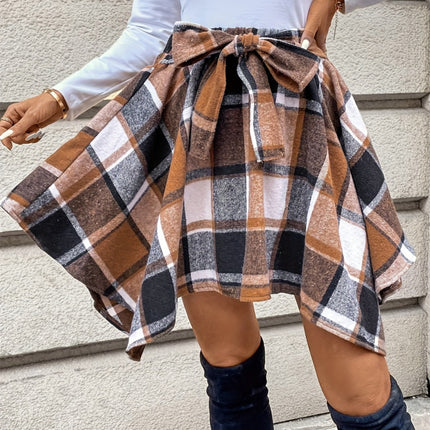 Tied Plaid Asymmetrical Hem Skirt