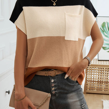 Devine Color Block Round Neck Short Sleeve Sweater