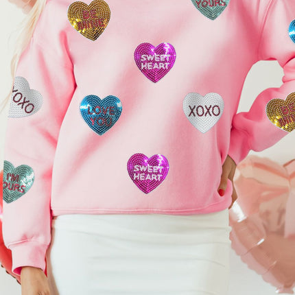 Valentine’s Day Sequin Heart Round Neck Long Sleeve Sweatshirt