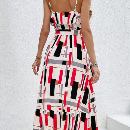 Ruffled Printed Tie Waist Midi Dress