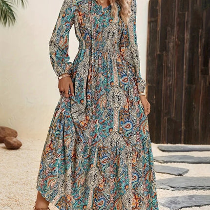 Printed Tie Neck Long Sleeve Maxi Dress