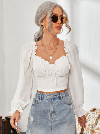 Mesh Sweetheart Neck Flounce Sleeve Top