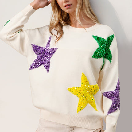 Double Take Sequin Star Round Neck Dropped Shoulder Sweater