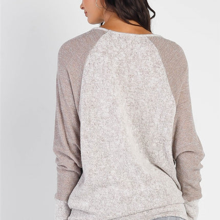 Cherish Apparel Round Neck Long Sleeve Contrast Top