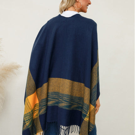 Fringe Contrast Plaid Poncho