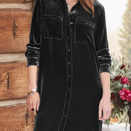 High-Low Button Up Long Sleeve Knee Length Dress