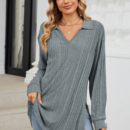 Slit Johnny Collar Long Sleeve T-Shirt