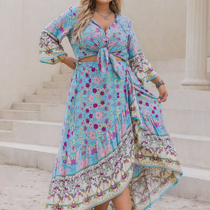 Plus Size Printed Tie Neck Top and Skirt Set