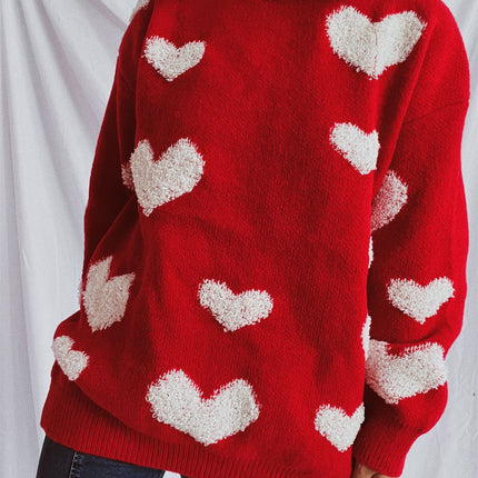 Heart Round Neck Dropped Shoulder Sweater