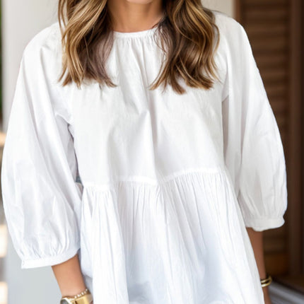 Bow Round Neck Three-Quarter Sleeve Blouse