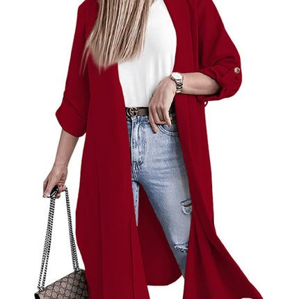 Slit Open Front Roll-Tab Sleeve Trench Coat