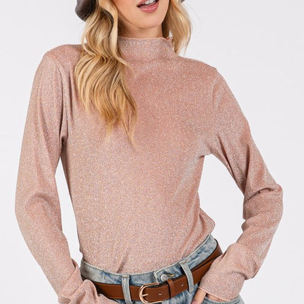 SAGE + FIG Glitter Mock Neck Lettuce Hem Long Sleeve Top