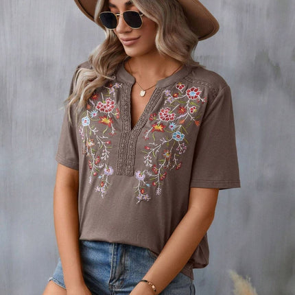 Embroidered Notched Short Sleeve T-Shirt