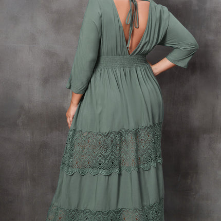 Plus Size Tied V-Neck Smocked Crochet Maxi Dress