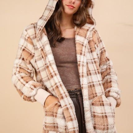 VERY J Fuzzy Plaid Long Sleeve Hooded Jacket