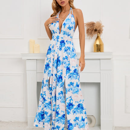 Slit Backless Printed Halter Neck Dress