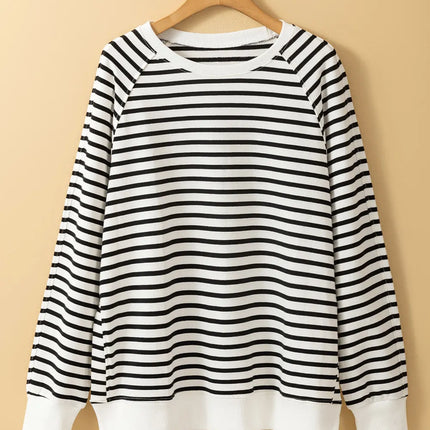 Slit Striped Round Neck Long Sleeve Sweatshirt - Vickie Lynn's