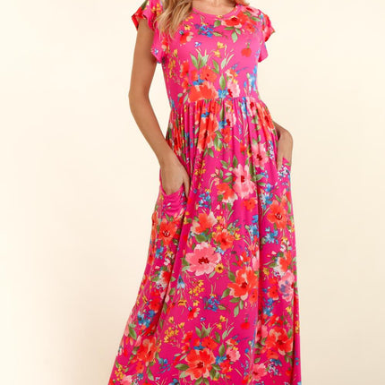 Haptics Floral Ruffled Round Neck Cap Sleeve Dress