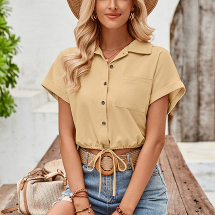 Drawstring Pocketed Collared Neck Short Sleeve Shirt