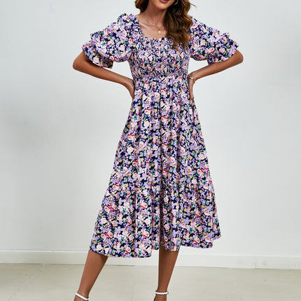 Smocked Floral Square Neck Short Sleeve Dress