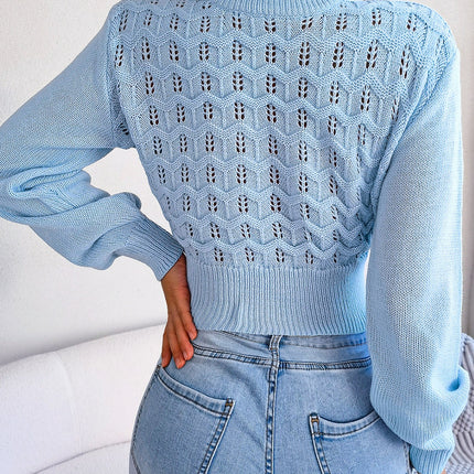 Openwork Mock Neck Long Sleeve Cropped Sweater