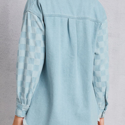 Raw Hem Checkered Dropped Shoulder Denim Jacket