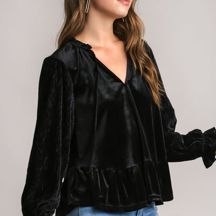 Umgee Babydoll Tie Neck Flounce Sleeve Blouse