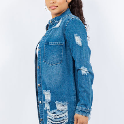 American Bazi Distressed Button Up Long Sleeve Denim Jacket