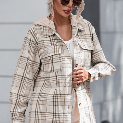 Plaid Removable Hood Button Up Shacket