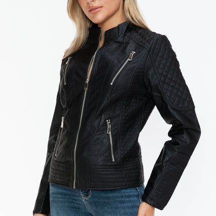 Snobbish Faux Leather Zip Up Mock Neck Jacket