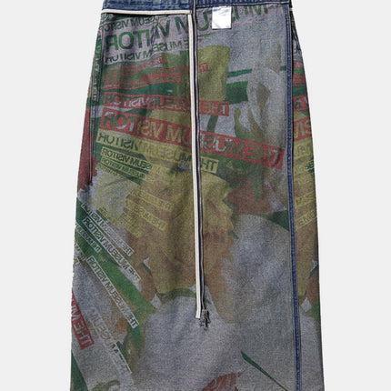 Reversible Slit Printed Midi Denim Skirt