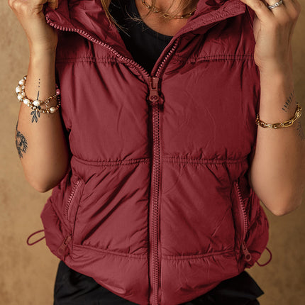 Drawstring Zip Up Hooded Vest Coat