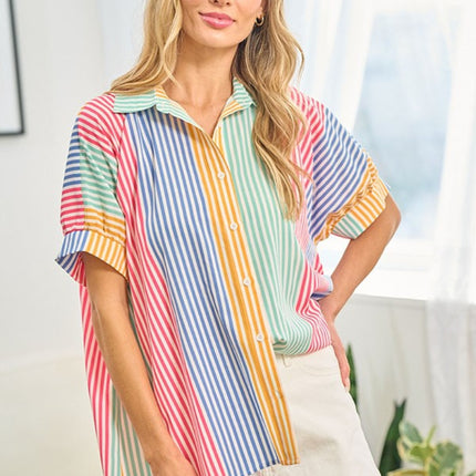 First Love Full Size Striped Button Down Short Sleeve Shirt