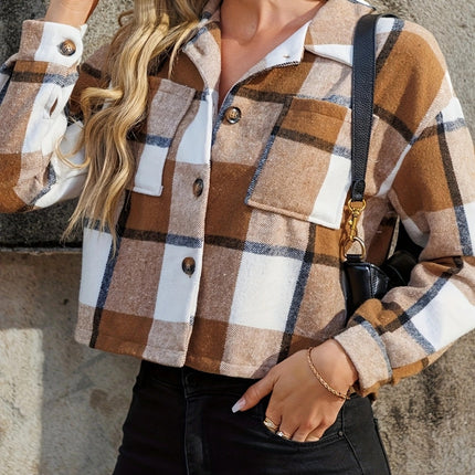 Plaid Collared Neck Cropped Jacket