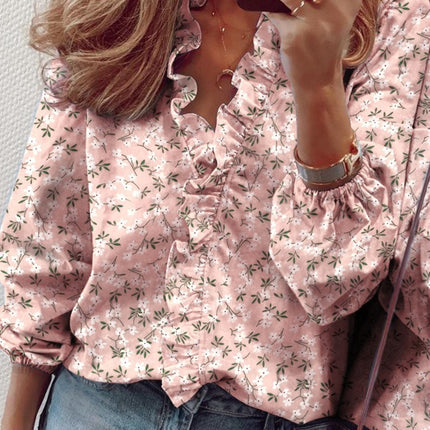 Ruffled Printed V-Neck Long Sleeve Blouse