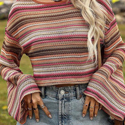 Striped Round Neck Long Sleeve Blouse