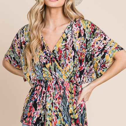 BOMBOM Printed Surplice Peplum Blouse