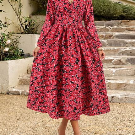 Floral V-Neck Long Sleeve Midi Dress