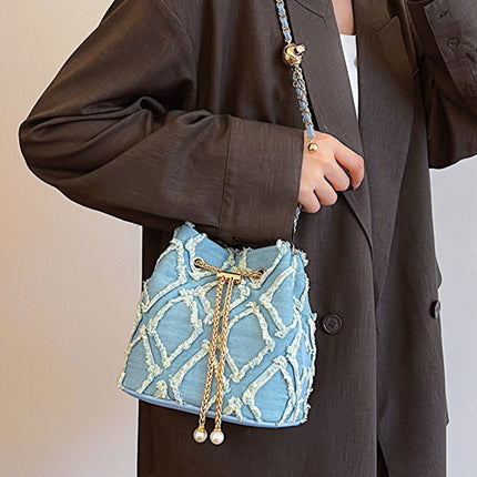 Chain Drawstring Raw Edge Denim Bucket Bag