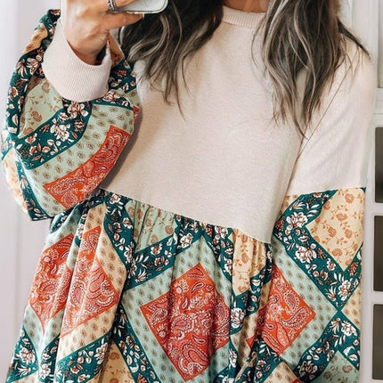 Printed Round Neck Long Sleeve Blouse