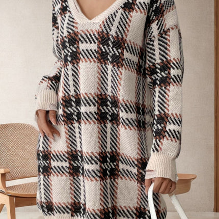 Distressed Plaid V-Neck Long Sleeve Sweater Dress